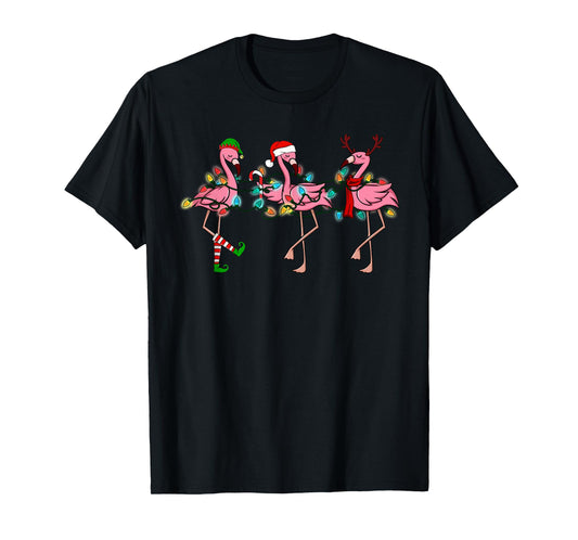 Christmas Lights Pink Flamingo Santa Hat Holiday Xmas T-Shirt