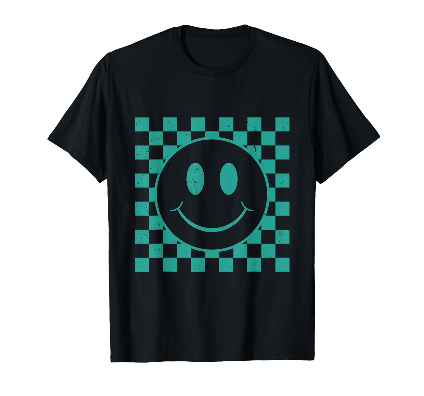 Cute Retro Happy Funny Teal Green Smile Face Checkered T-Shirt
