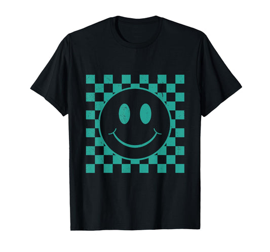 Cute Retro Happy Funny Teal Green Smile Face Checkered T-Shirt