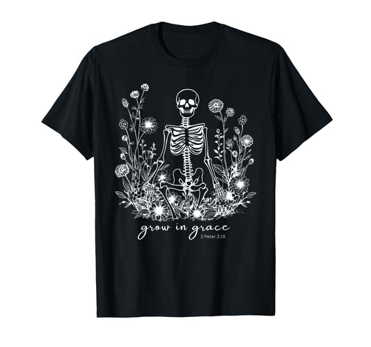 Grow in Grace Floral Skeleton Christian Religious Halloween T-Shirt