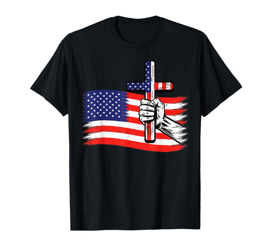 Cross American US Flag Christian Faith Patriotic 4th of July T-Shirt