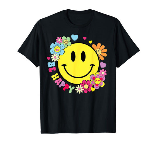 Be Happy Yellow Smile Face Hippie Smiling Face Groovy Retro T-Shirt