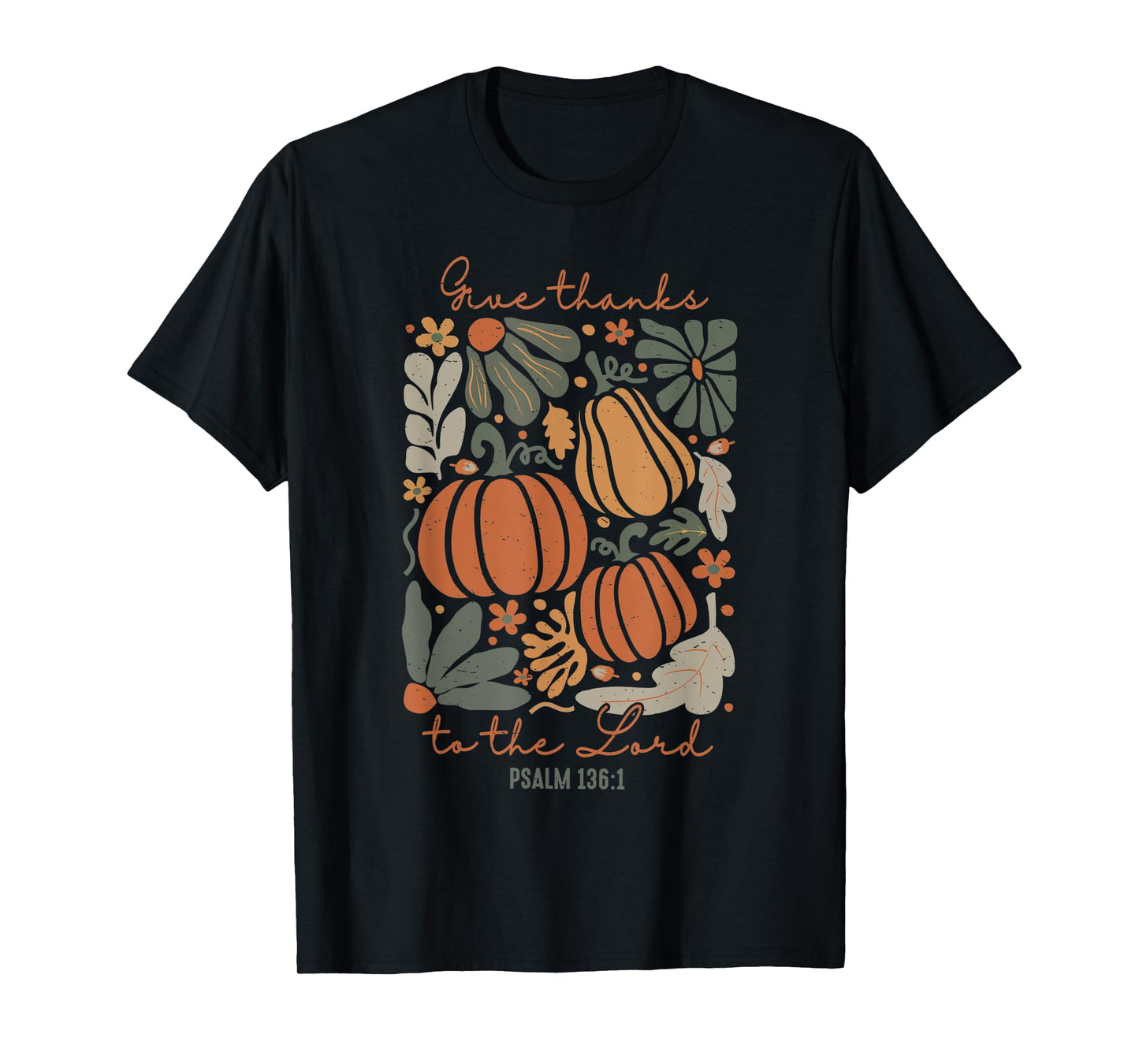 Give Thanks To The Lord Boho Floral Christian Thanksgiving T-Shirt - Black, Small, Unisex-Adults, Short Sleeve, T-Shirt, Polyester 100%