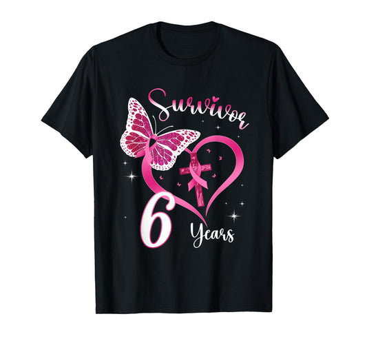 Breast Cancer Survivor Pink Ribbon Butterfly 6 Years Gift T-Shirt