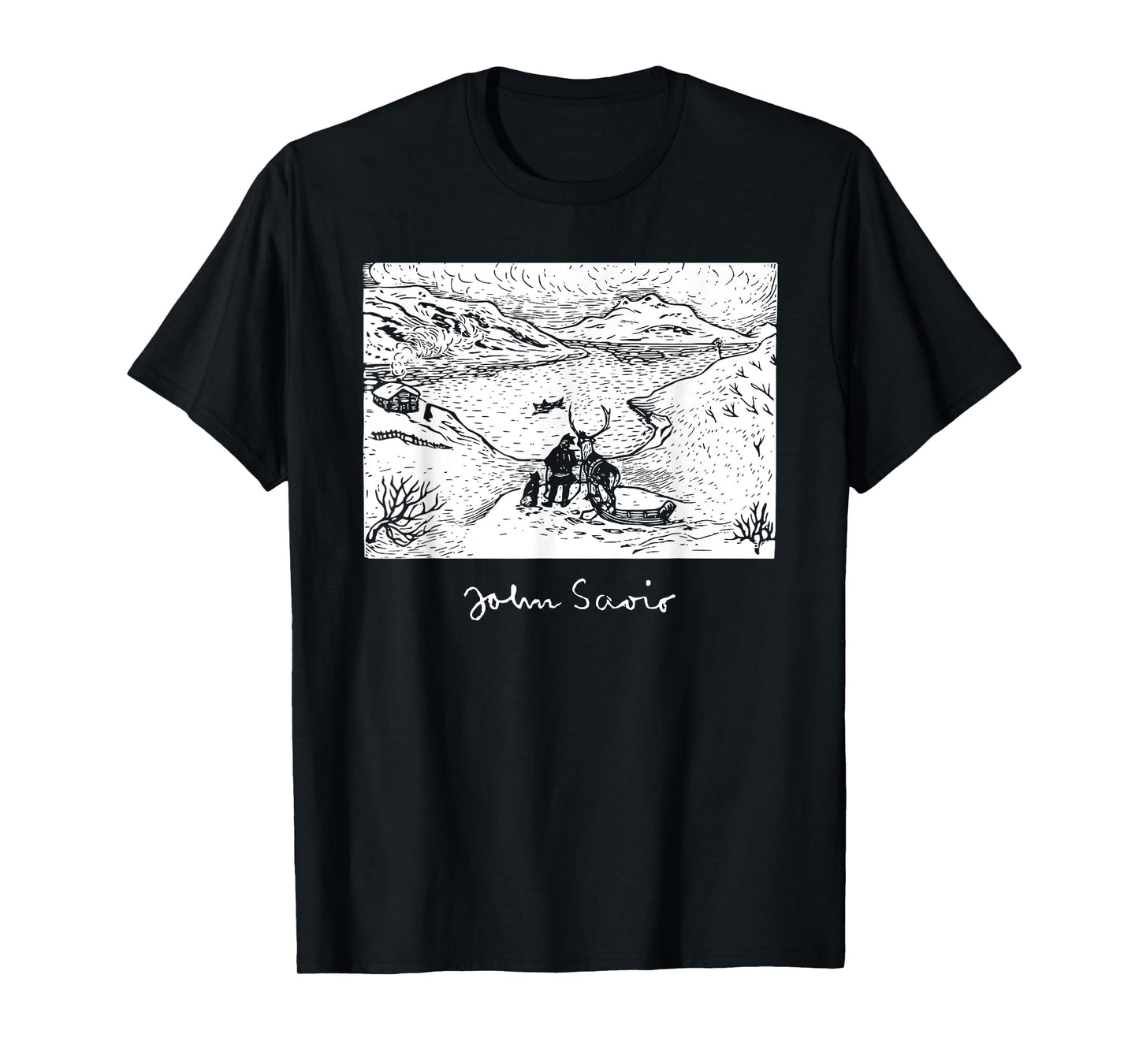 John Savio Sami Art Lapland Lapp with Reindeer at Bay Snow T-Shirt