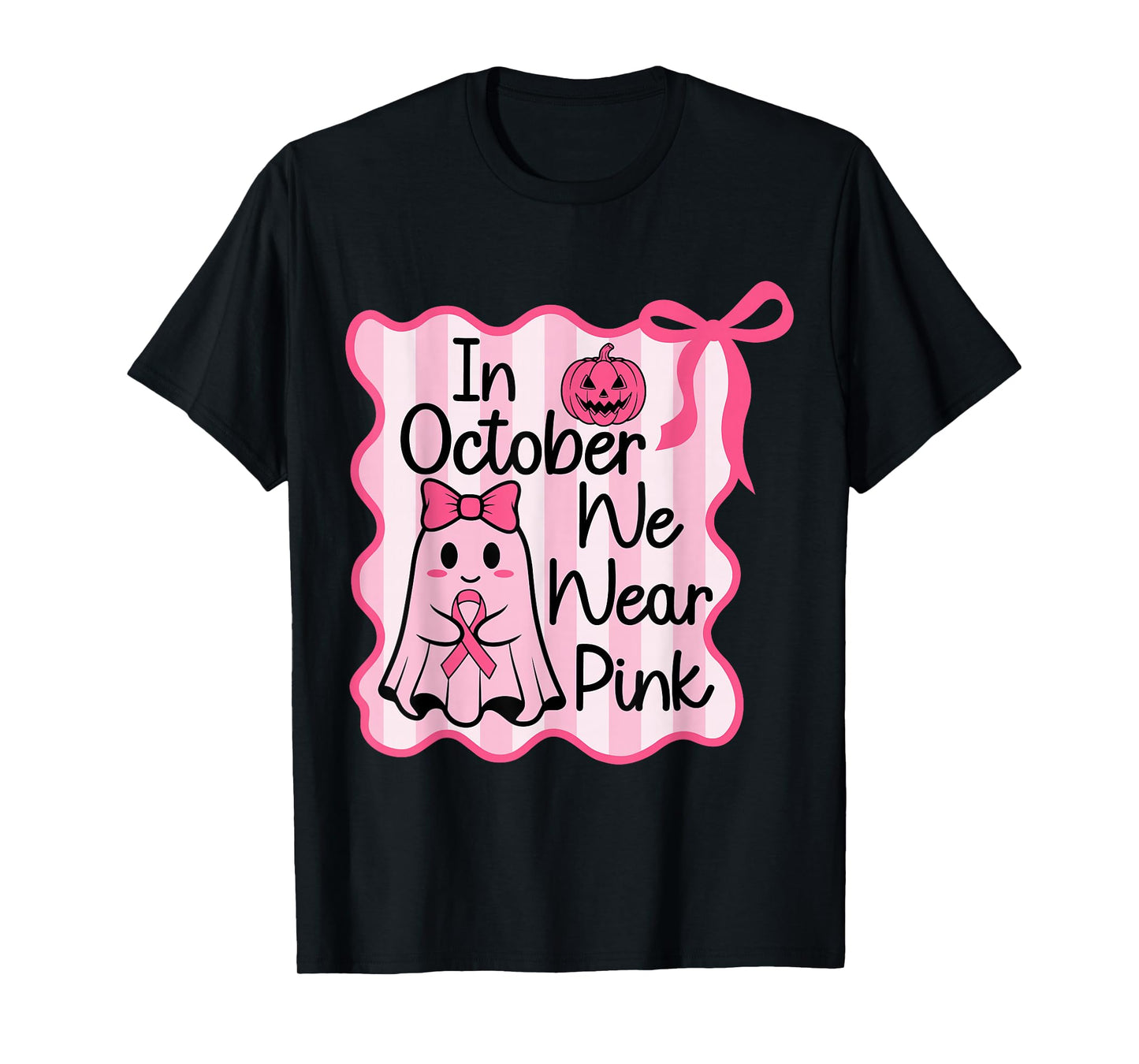 in October We Wear Pink Cute Ghost Halloween Coquette Bow T-Shirt
