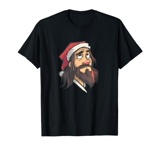 Handsome Jesus with Santa Claus Hat Graphic Costume T-Shirt