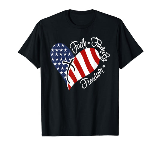 Patriotic Christian Faith Family Freedom Heart American Flag T-Shirt