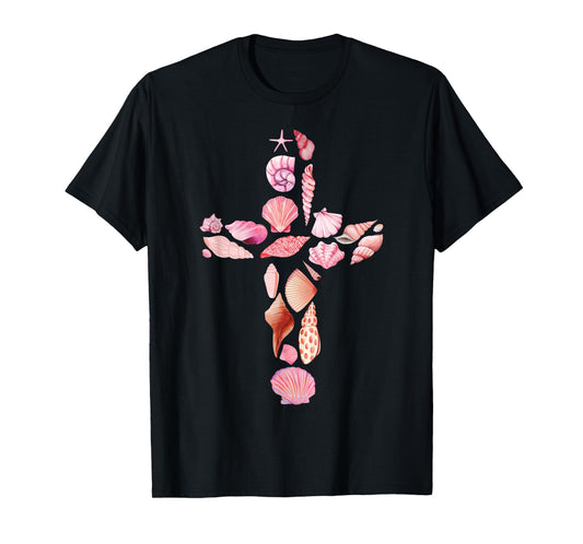 Beachy Ocean Seashell Faith Cross Christian Coquette T-Shirt