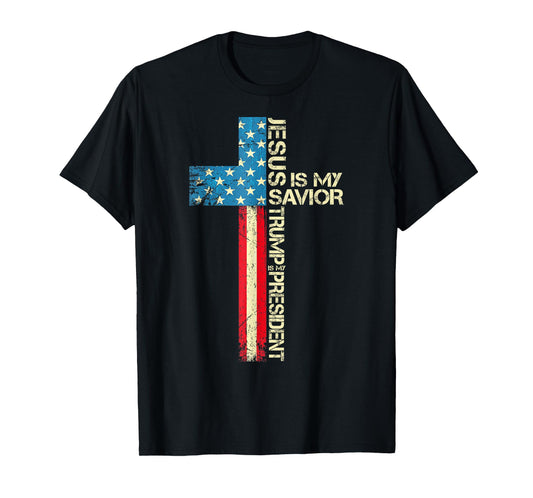 Jesus Is My Savior Trump Is My President 2024 USA Flag Cross T-Shirt