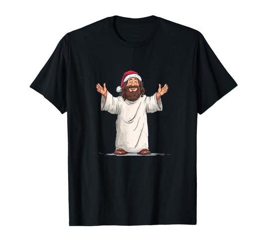 Nice Jesus Christ Cartoon with Festive Santa Hat Costume T-Shirt