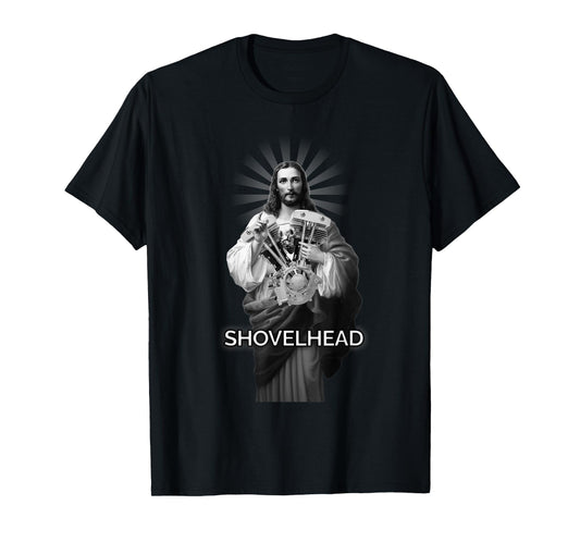 Cone Shovelhead BW HD Jesus Christ Retro Motorcycle Engine T-Shirt