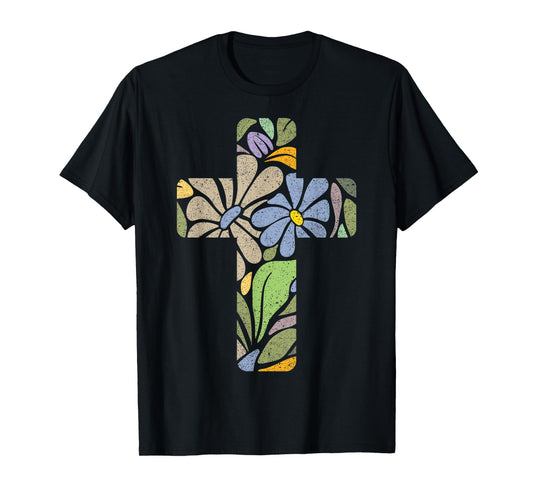 Christian Beautiful Cross of Flowers Pastel Colors Faith Art T-Shirt