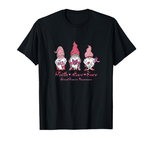 Gnomes Pink Warrior Faith Hope Love Breast Cancer Awareness T-Shirt