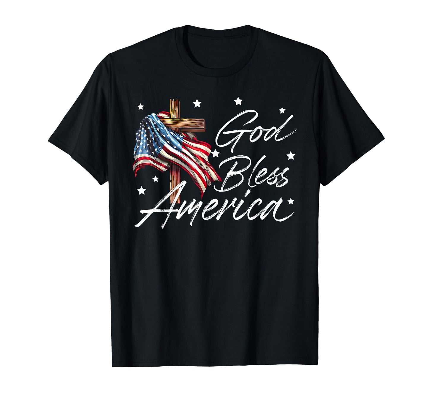 God Bless America Cross American Flag US Patriotic Christian T-Shirt