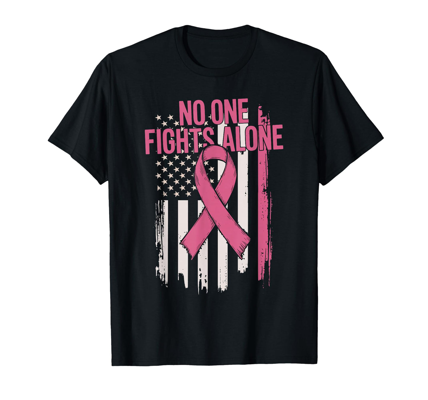 No One Fights Breast Cancer Alone American Flag Pink Ribbon T-Shirt