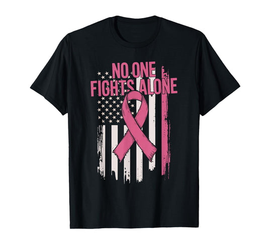 No One Fights Breast Cancer Alone American Flag Pink Ribbon T-Shirt