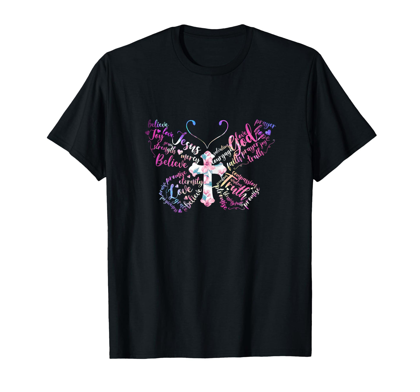 Butterfly Prayer Jesus Christian Cross Floral Pattern T-Shirt