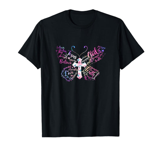 Butterfly Prayer Jesus Christian Cross Floral Pattern T-Shirt