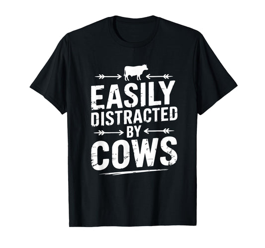 Easily Distracted by Cows Kids Funny Cow Lover Cattle Farmer T-Shirt