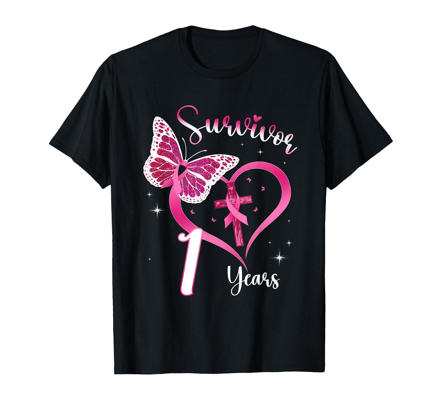 Breast Cancer Survivor Pink Ribbon Butterfly 1 Years Gift T-Shirt