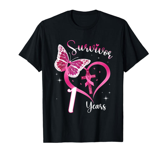 Breast Cancer Survivor Pink Ribbon Butterfly 1 Years Gift T-Shirt