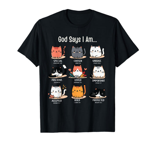 Funny Cat Girls Teens Kids God Says I Am Christian T-Shirt