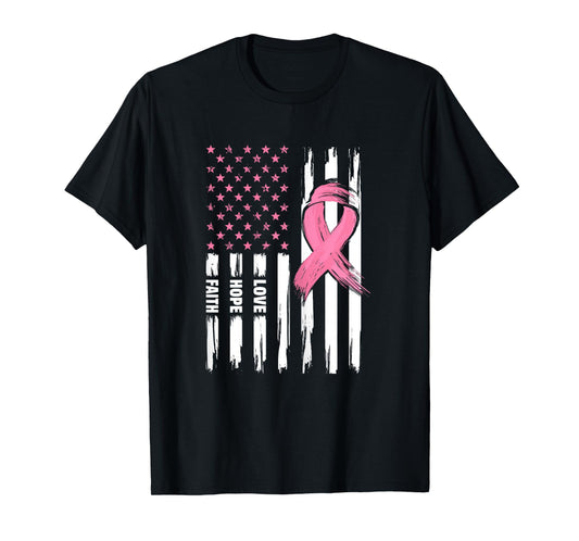 Love Hope Faith USA American Flag | Breast Cancer T-Shirt