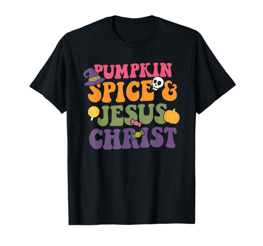 Pumpkin Spice & Je-sus Christ Funny Christian Halloween T-Shirt