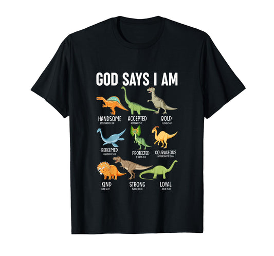 Kids God Says I Am Dinosaur Funny Dino Kids Boys Bible Verse T-Shirt