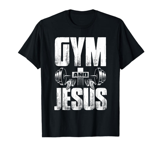 Fitness Fanatic By Pemissa Religious Workout Gym Jesus Barbell Lifting Weights Black Modern Letter Print T-Shirt