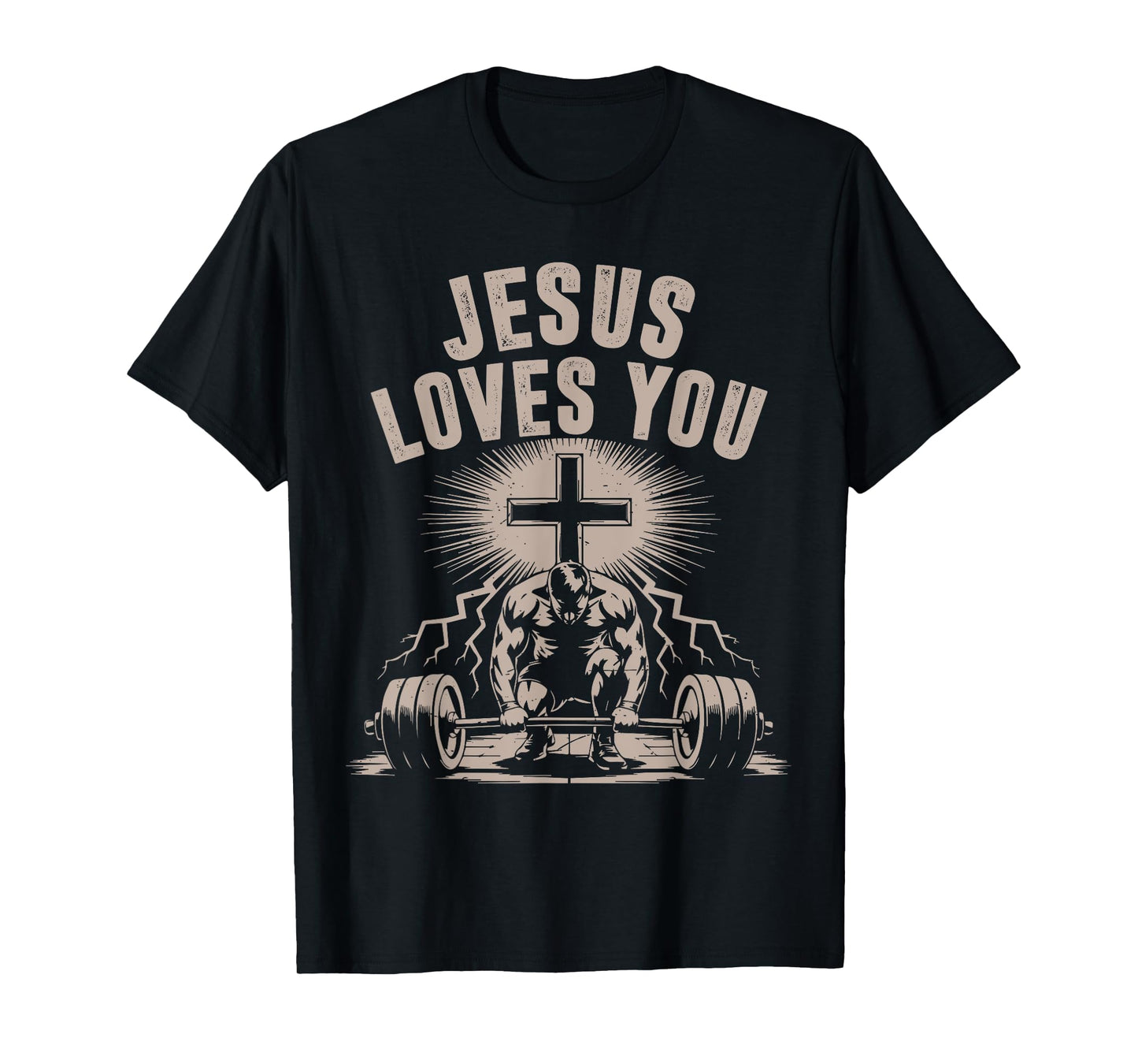 Jesus Loves You Funny Christian Workout Gym Barbell Cross T-Shirt