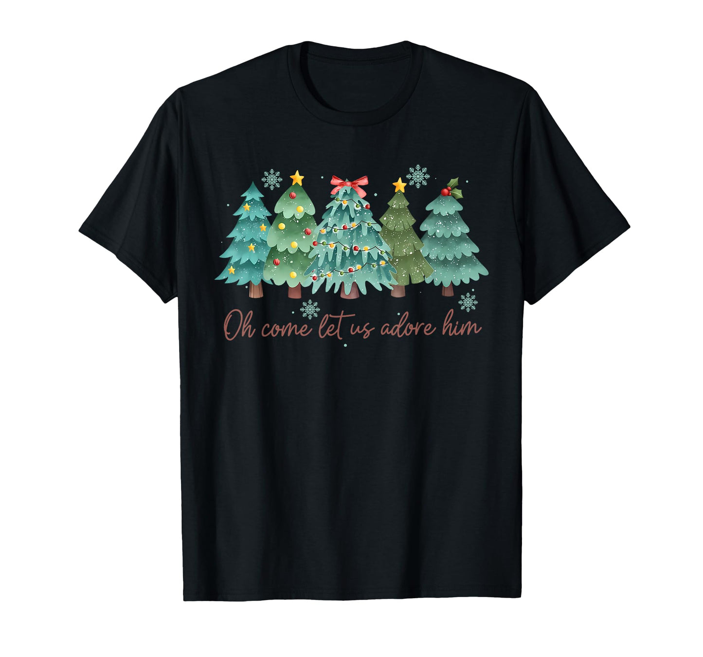 Oh Come Let US Adore Him Funny Christian Christmas Tree Bow T-Shirt