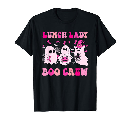 Lunch Lady Boo Crew Pumpkin Halloween Breast Cancer Month T-Shirt