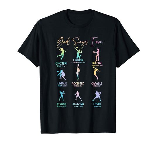 God Says I Am Volleyball Girls Teens Kid Christian Religious T-Shirt