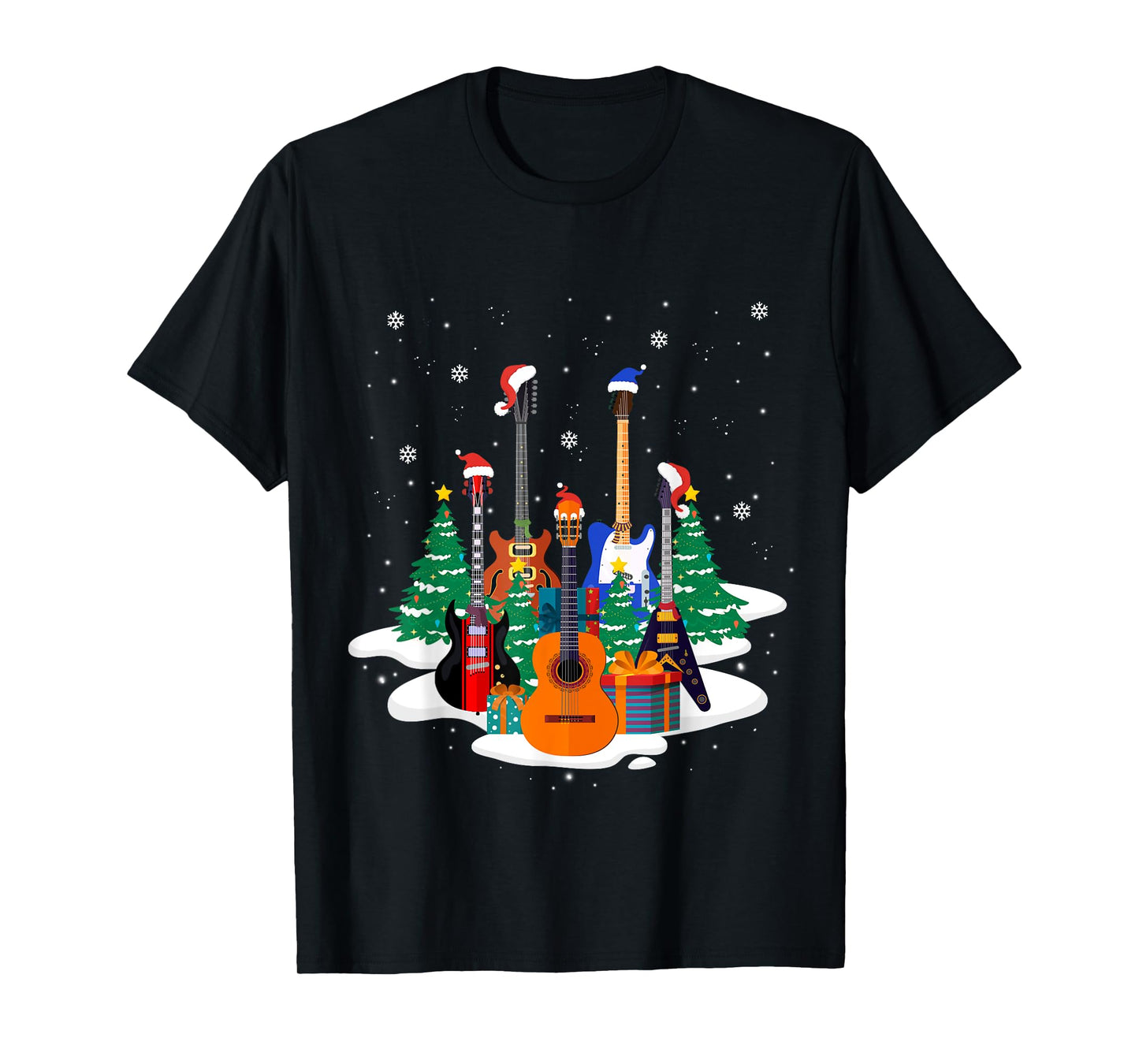 Guitar Santa Hat Christmas Tree Funny Music Loves Xmas Gifts T-Shirt