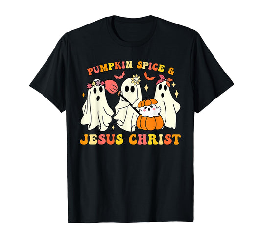 Pumpkin Spice and Jesus Christ Halloween Ghosts T-Shirt