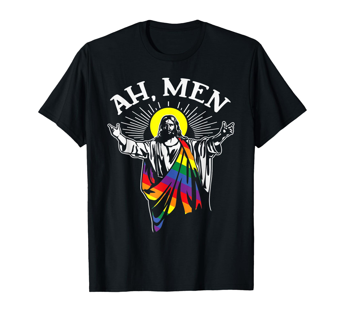 Ah Men Funny LGBT Gay Pride Jesus Rainbow Flag Christian T-Shirt