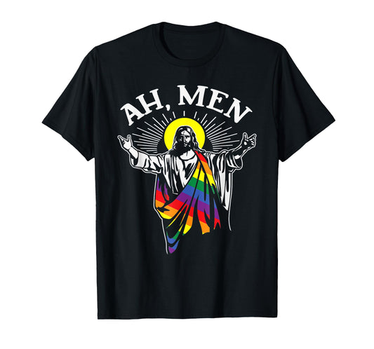 Ah Men Funny LGBT Gay Pride Jesus Rainbow Flag Christian T-Shirt