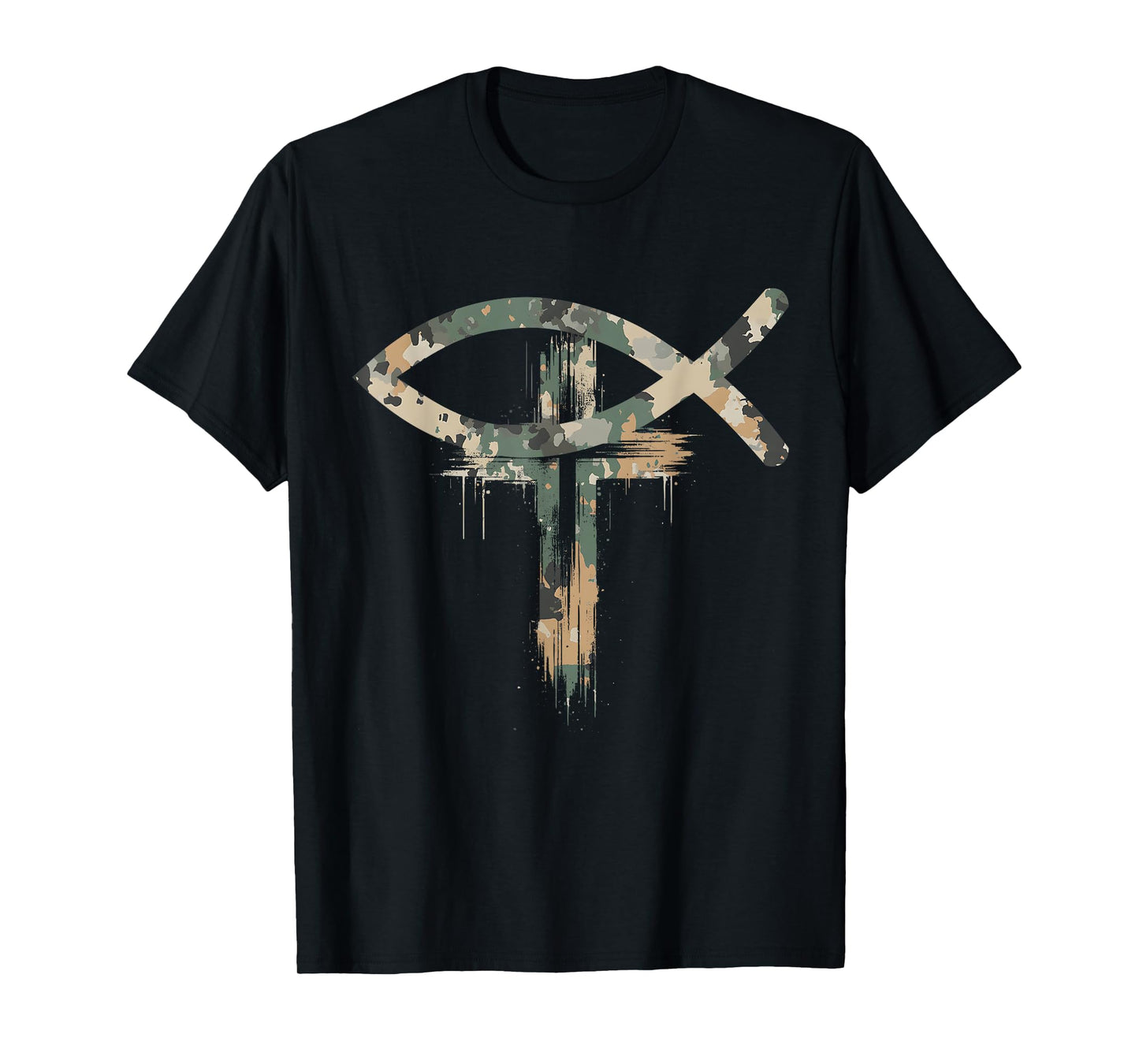 Cross Christian Fish Symbol Camo Camouflage Natural T-Shirt