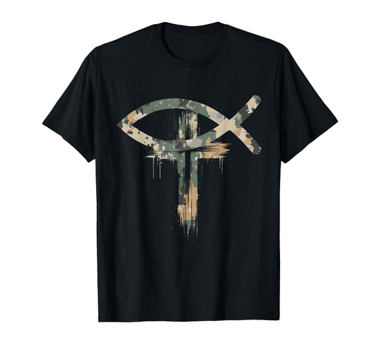 Cross Christian Fish Symbol Camo Camouflage Natural T-Shirt