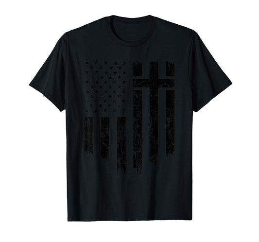 Vintage Distressed USA Flag Cross Christian Faith Gift T-Shirt