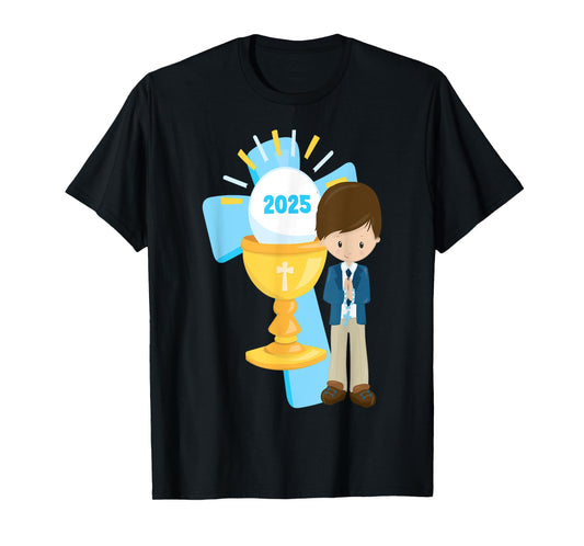 Brunette Boy First Communion 2025 Cross Chalice Rosary Blue T-Shirt