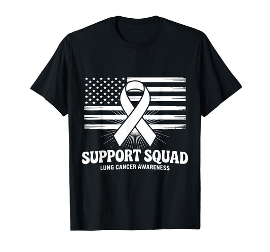 Support Squad Lung Cancer Awareness White Ribbon USA Flag T-Shirt