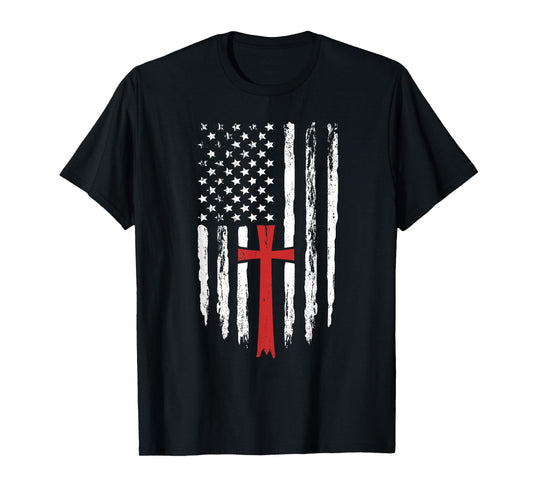 American Flag Christian Cross Religious America 4th of July T-Shirt