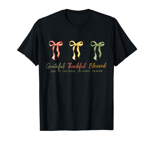 Grateful Thankful Blessed Fall Christian Faith Coquette Bow T-Shirt