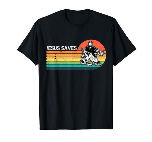 Vintage Retro Sunset Jesus Saves Hockey Player Jesus Lover T-Shirt