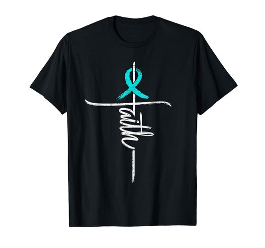 Faith Ovarian Cancer Awareness Cross Christian Ribbon Teal T-Shirt