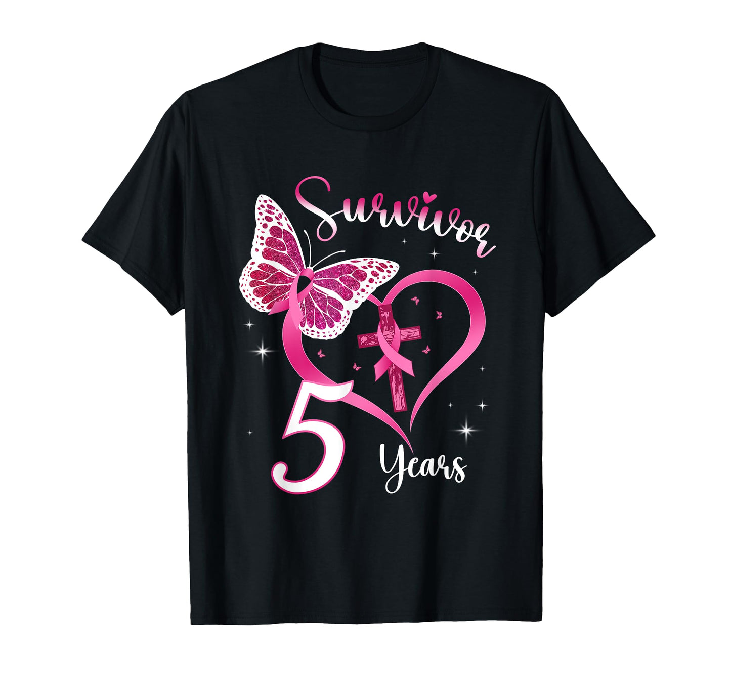 Breast Cancer Survivor Pink Ribbon Butterfly 5 Years Gift T-Shirt