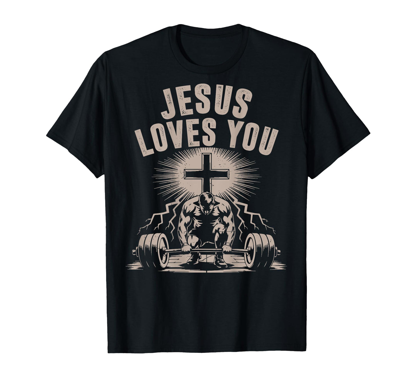 Jesus Loves You Funny Christian Workout Gym Barbell Cross T-Shirt